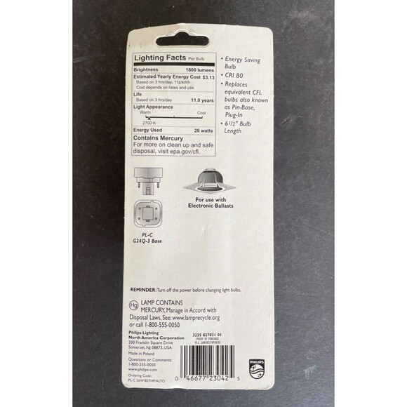 Philips Soft White Energy Saver Bulb 26w PL-C 6.5" Length G24Q-3  4-Pin Base New - Picture 3 of 3